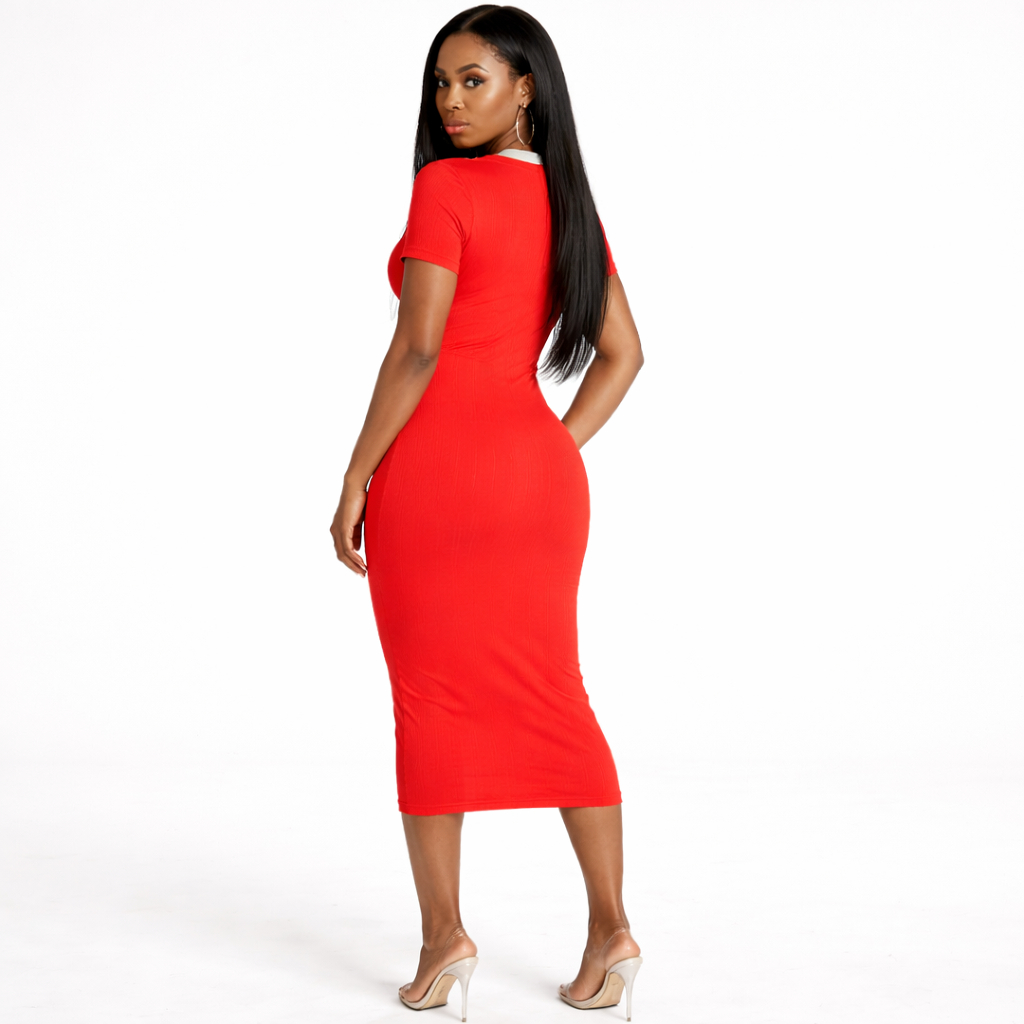 Red Ribbed Bodycon Midi Dress with Contrast Trim